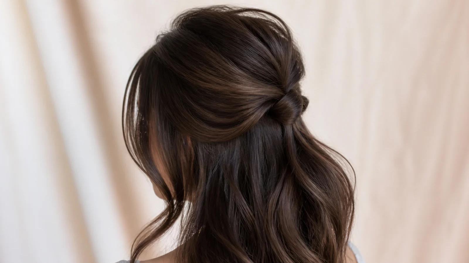Espresso hair tied half up with the length falling loose behind