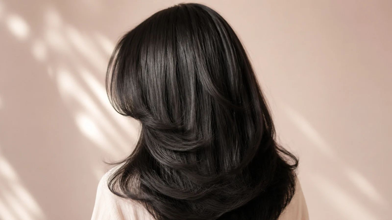 Soft black hair styled into a rounded blowout with a warm highlight