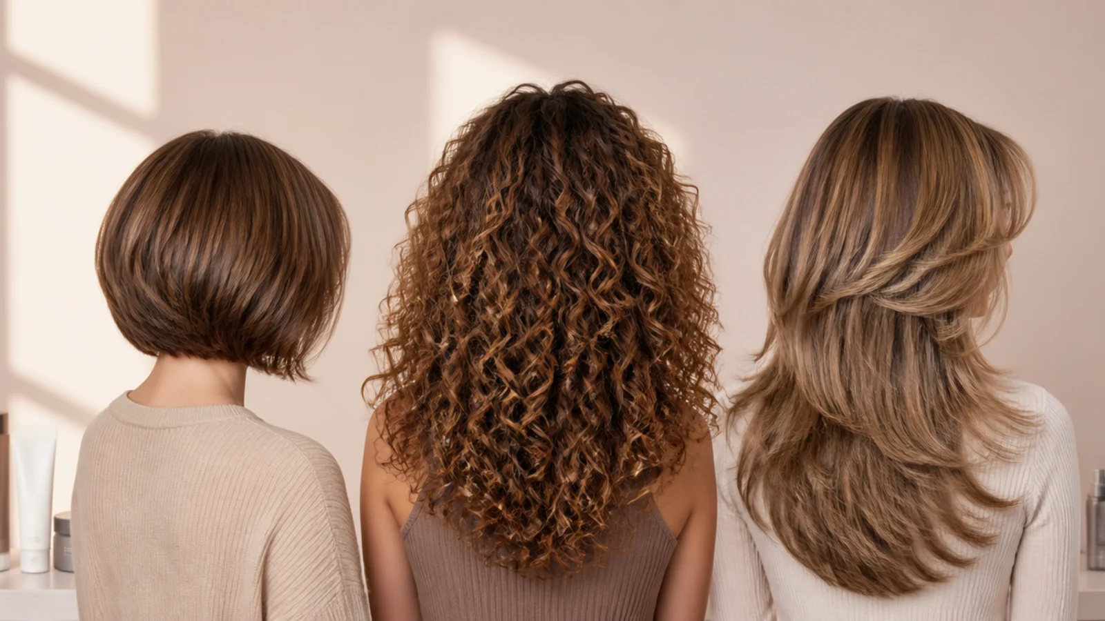 Fine, coarse and curly dark hair shown as three separate sections