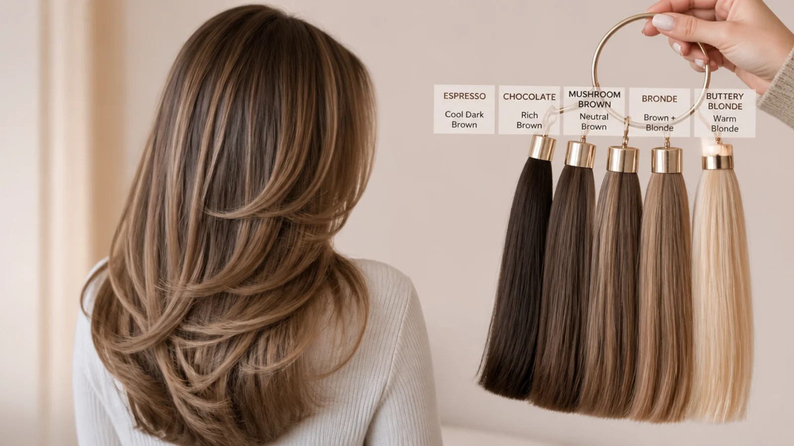A color chart held against dark roots at the mirror