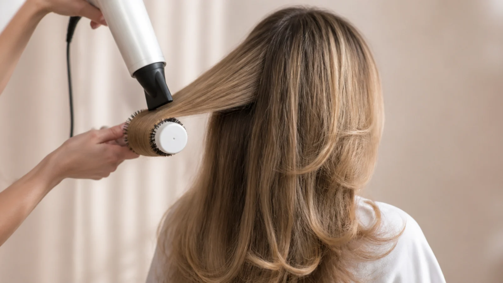 A round brush turning a section of dark hair under a dryer