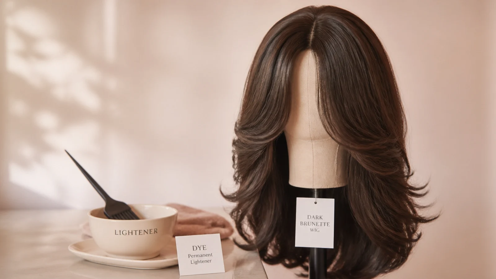 A dark wig on a stand beside a mirror in daylight
