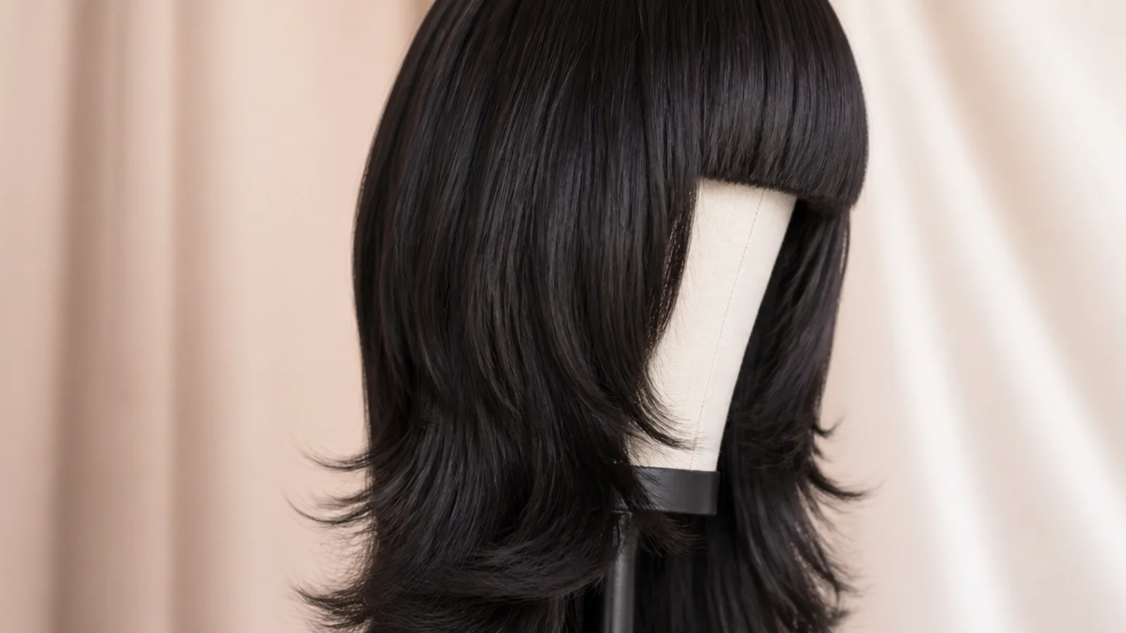 A dark wig with a heavy blunt fringe on a stand
