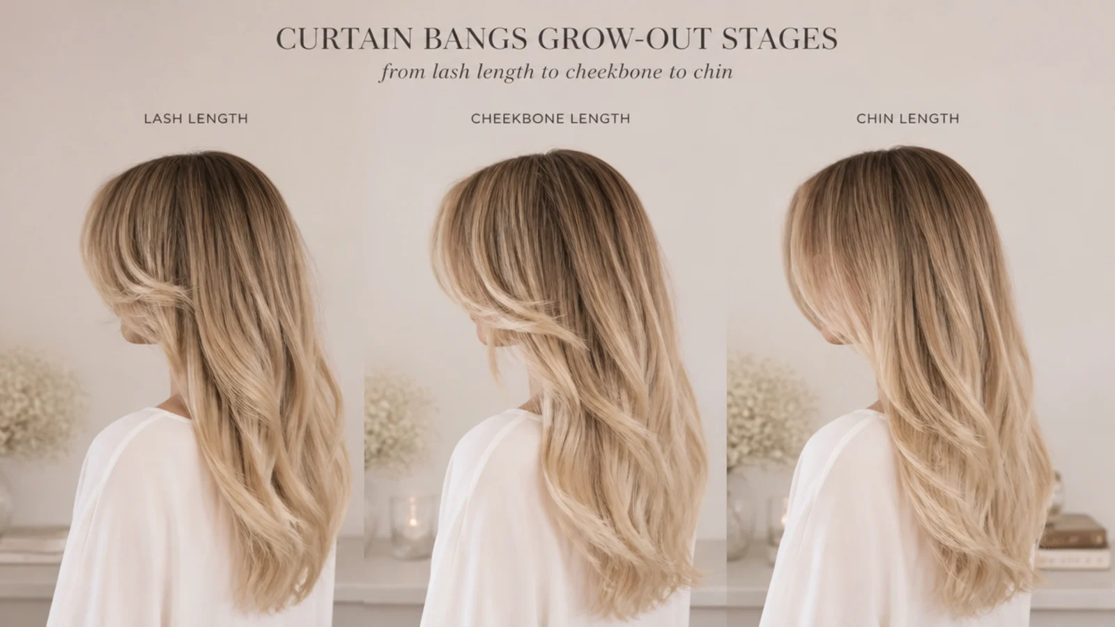 A grown out fringe tucked into a side parting at cheekbone length