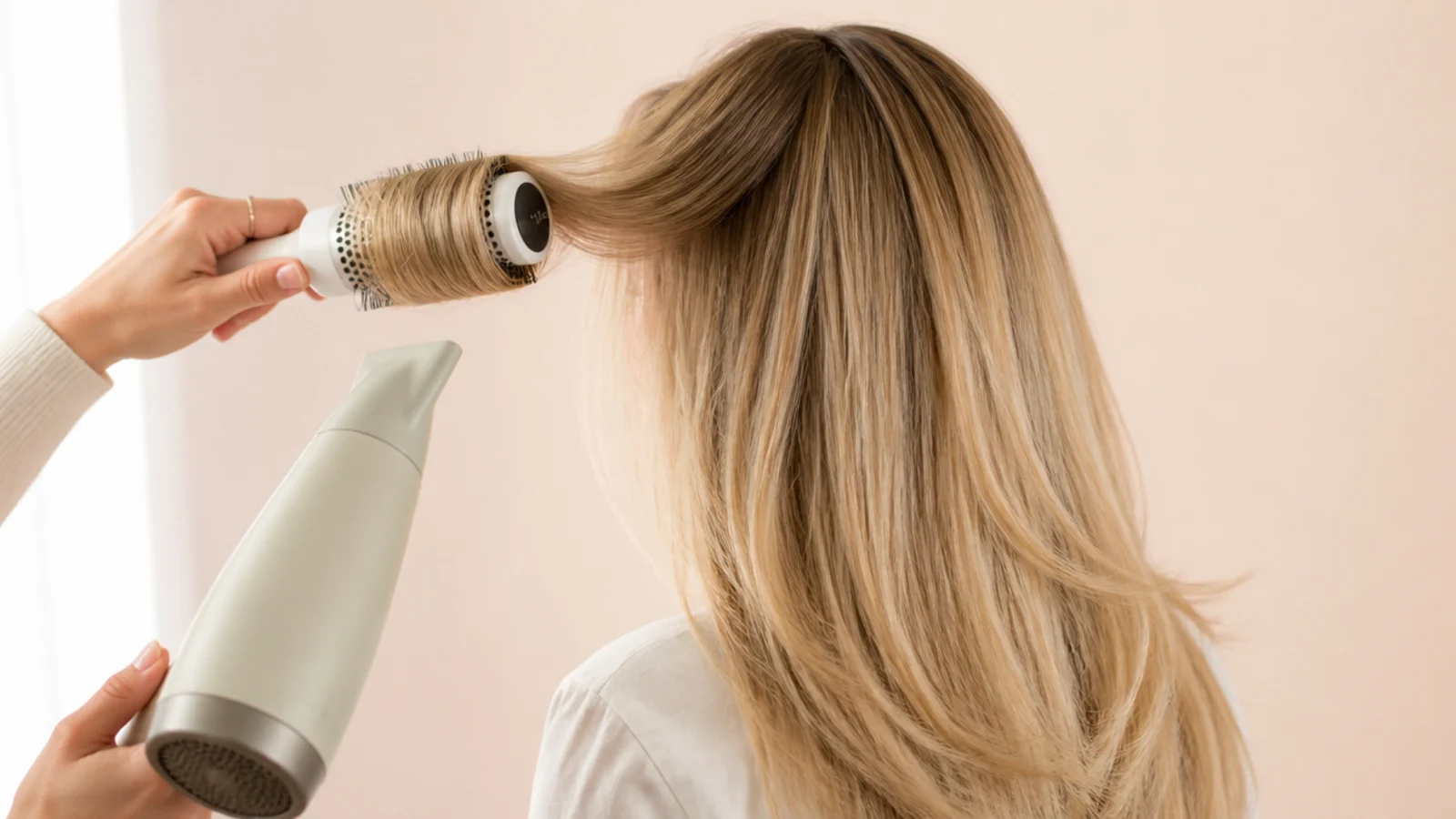 A small round brush working through a fringe under a dryer nozzle