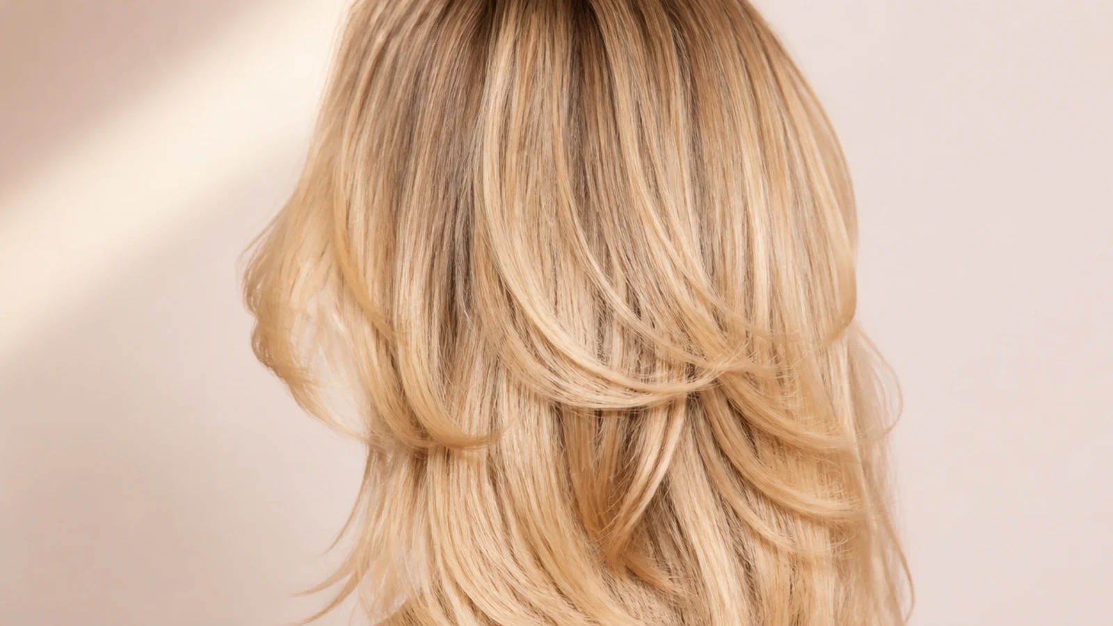 Warm yellow blonde lengths with a softly blended darker base at the roots