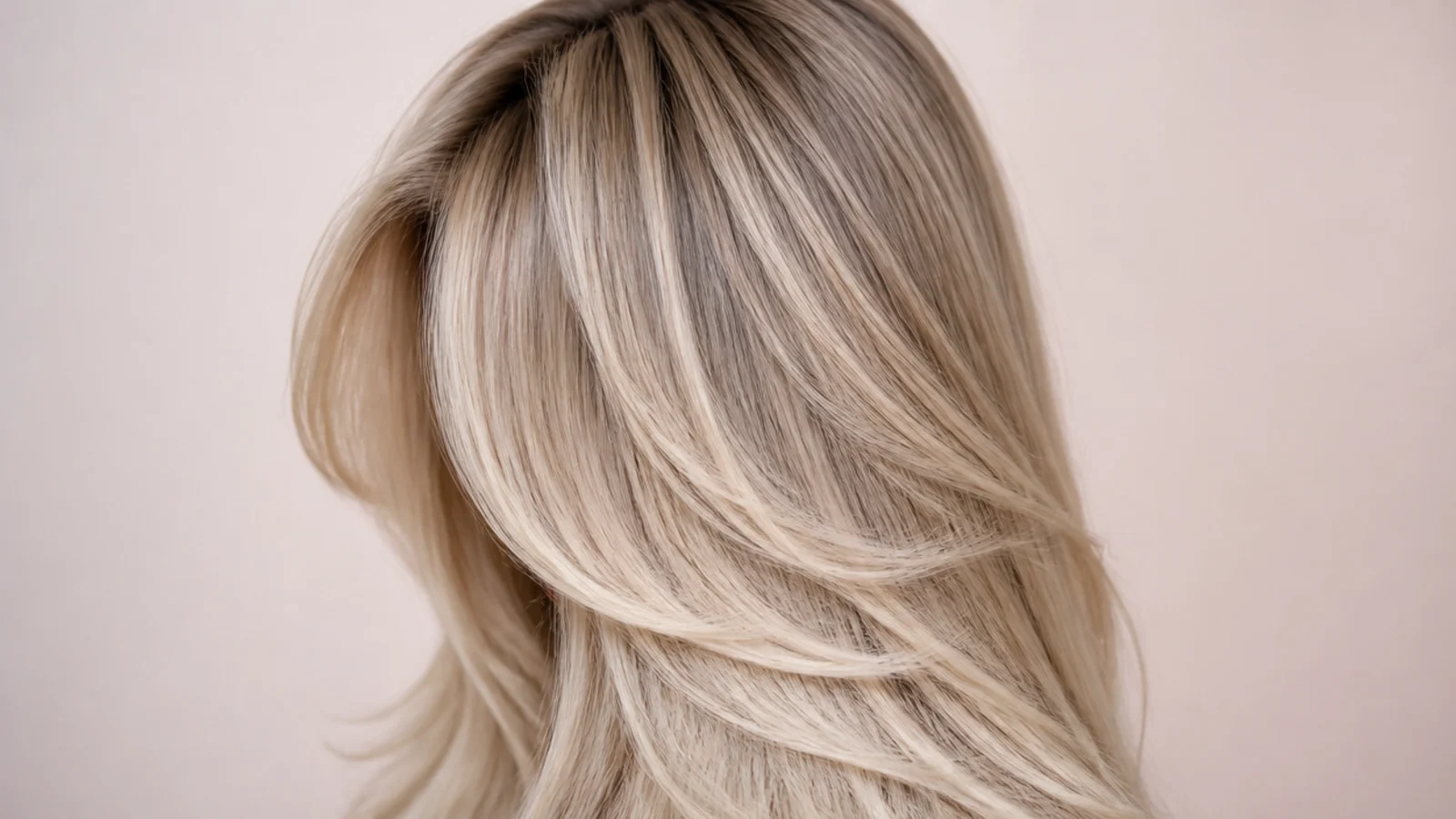 Neutral beige blonde hair falling straight past the shoulders in soft light