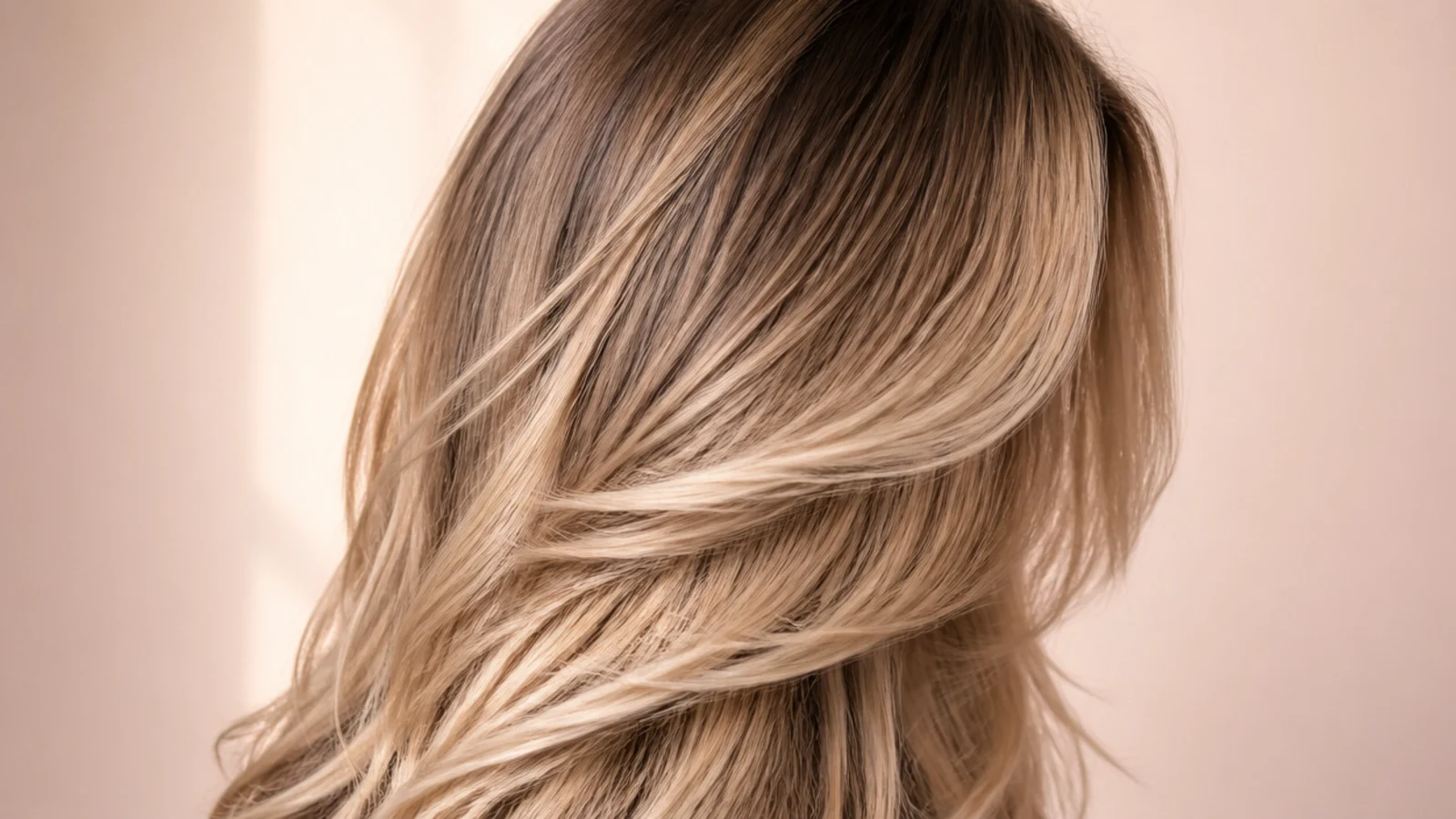 Brown roots melting into blonde ends across loose waves