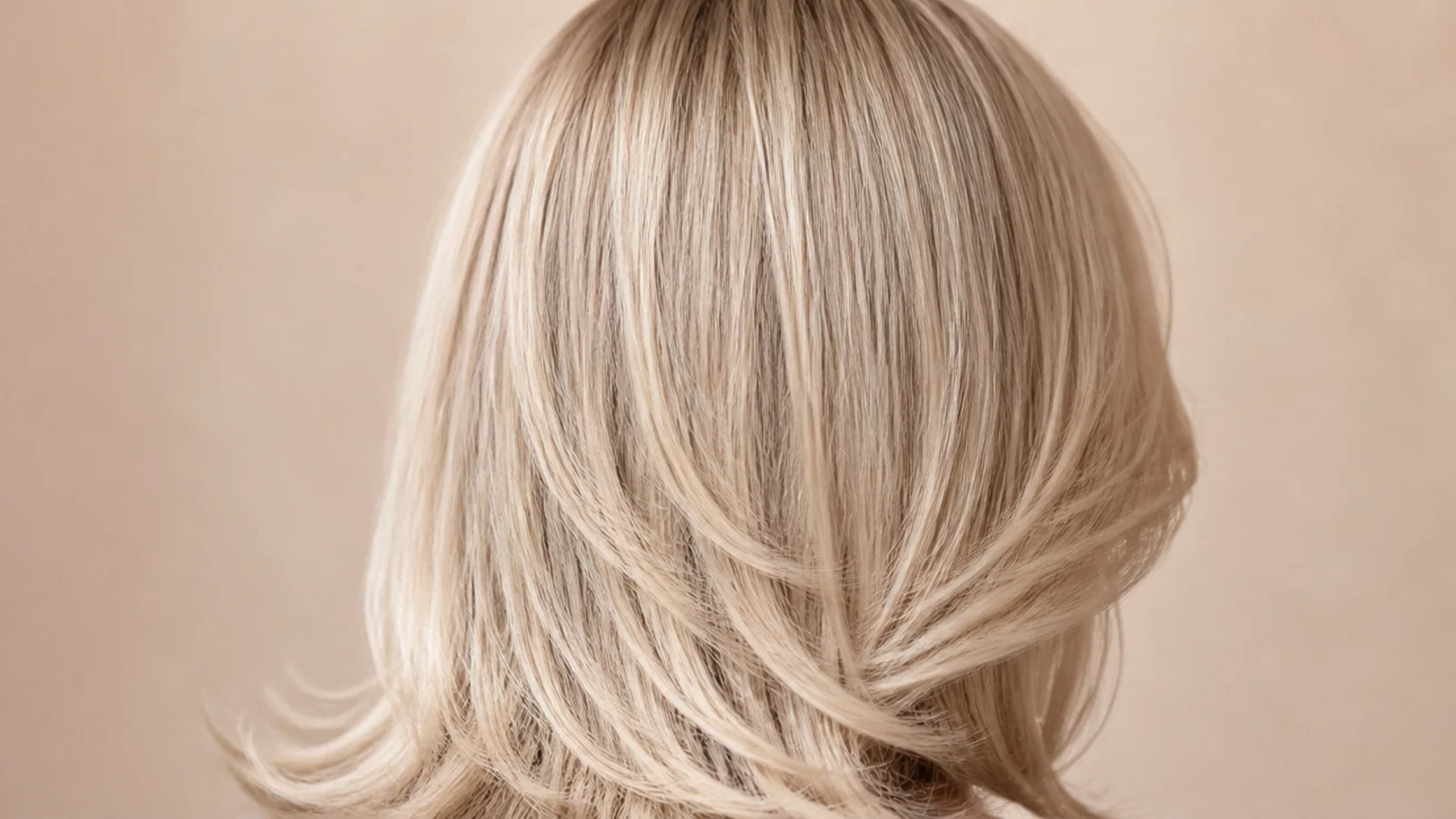 Glossy pale vanilla blonde hair with a high shine band across the mid lengths