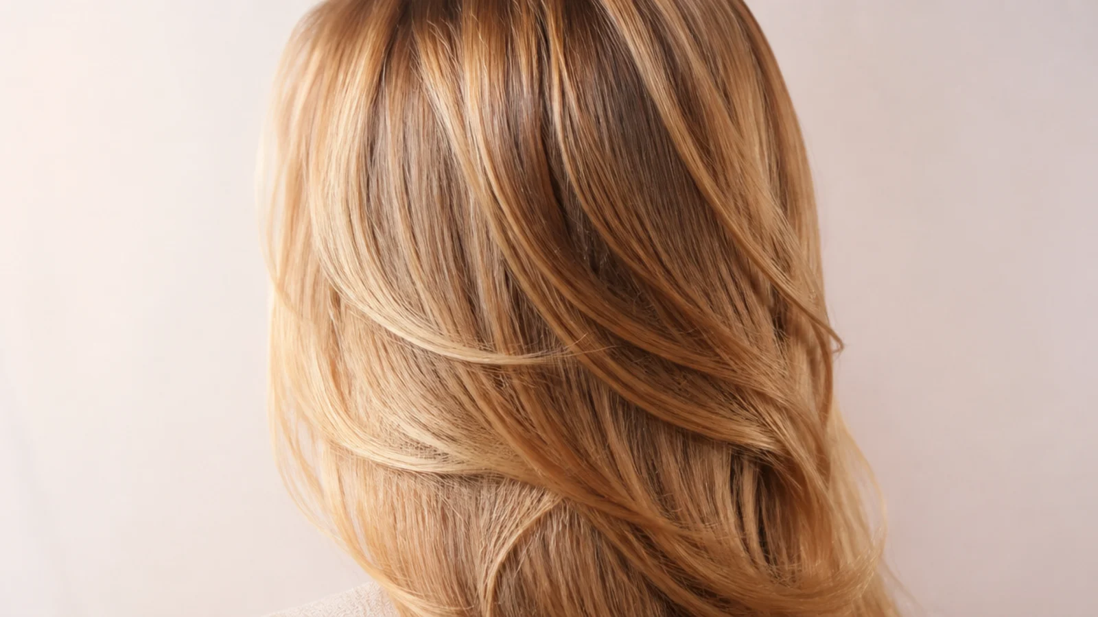Deep warm butterscotch blonde hair with loose bends through the length