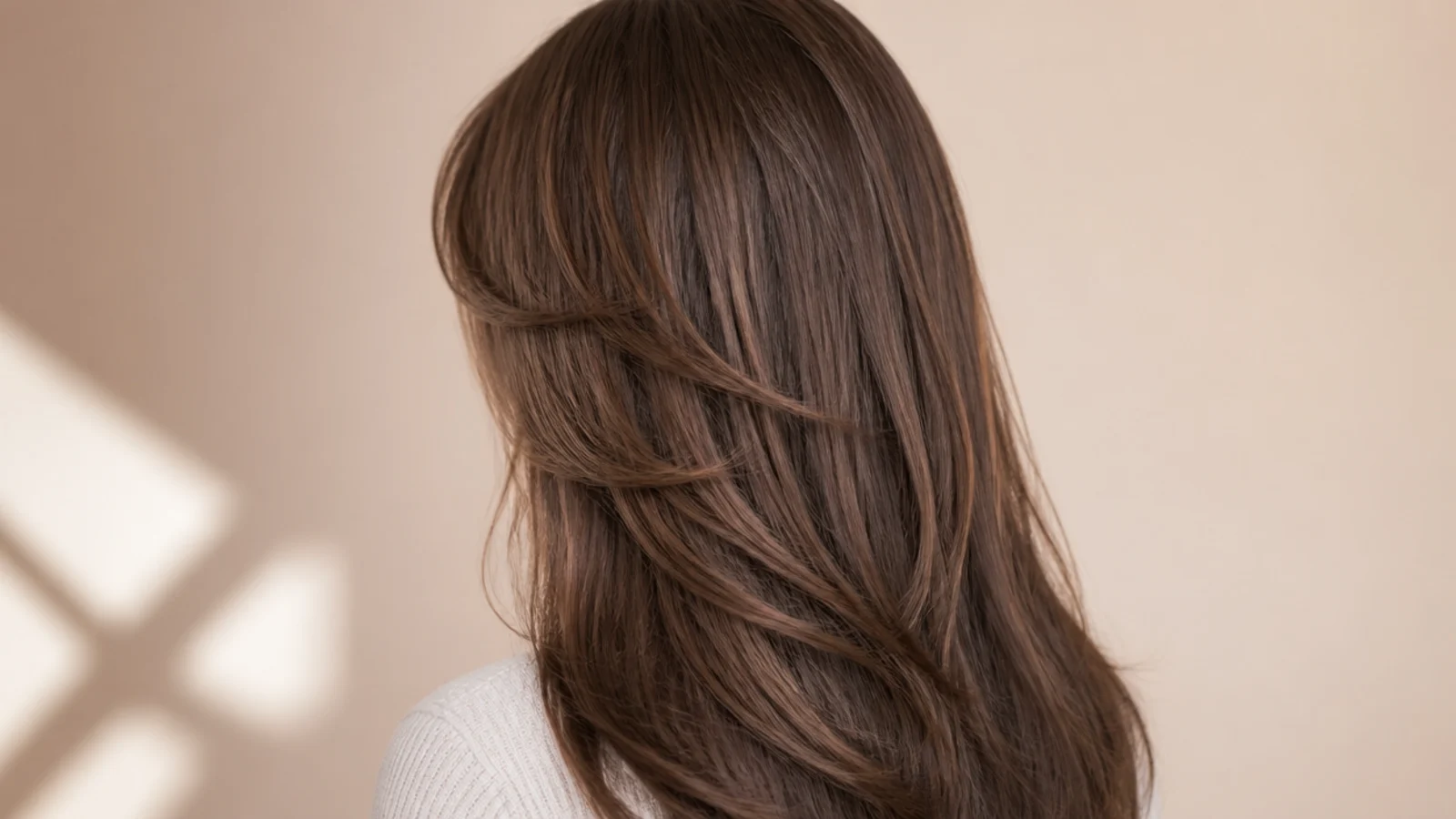 Cool ashy mushroom brown hair photographed in flat indoor light