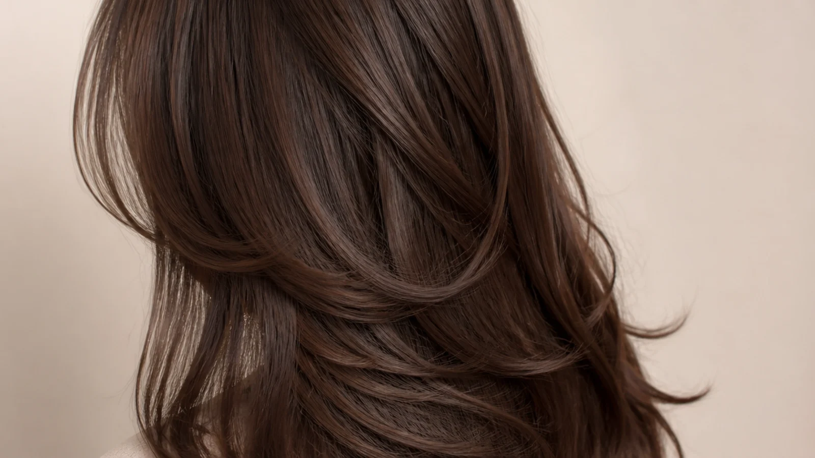 Rich chocolate brown hair with the ends curled under