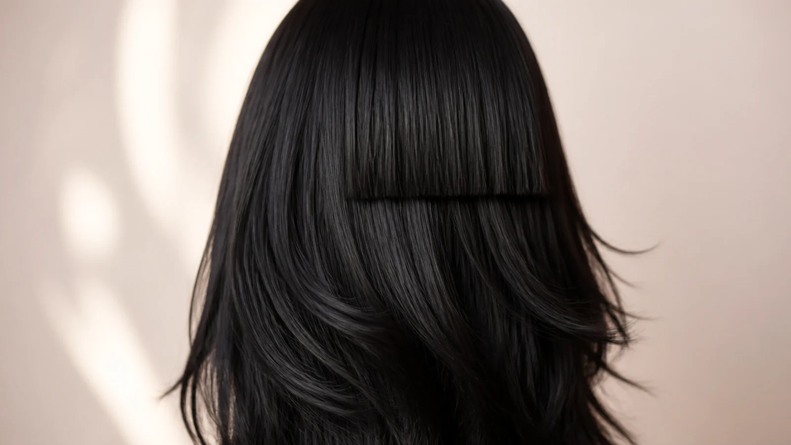 A sleek jet black wig styled straight with a centre parting