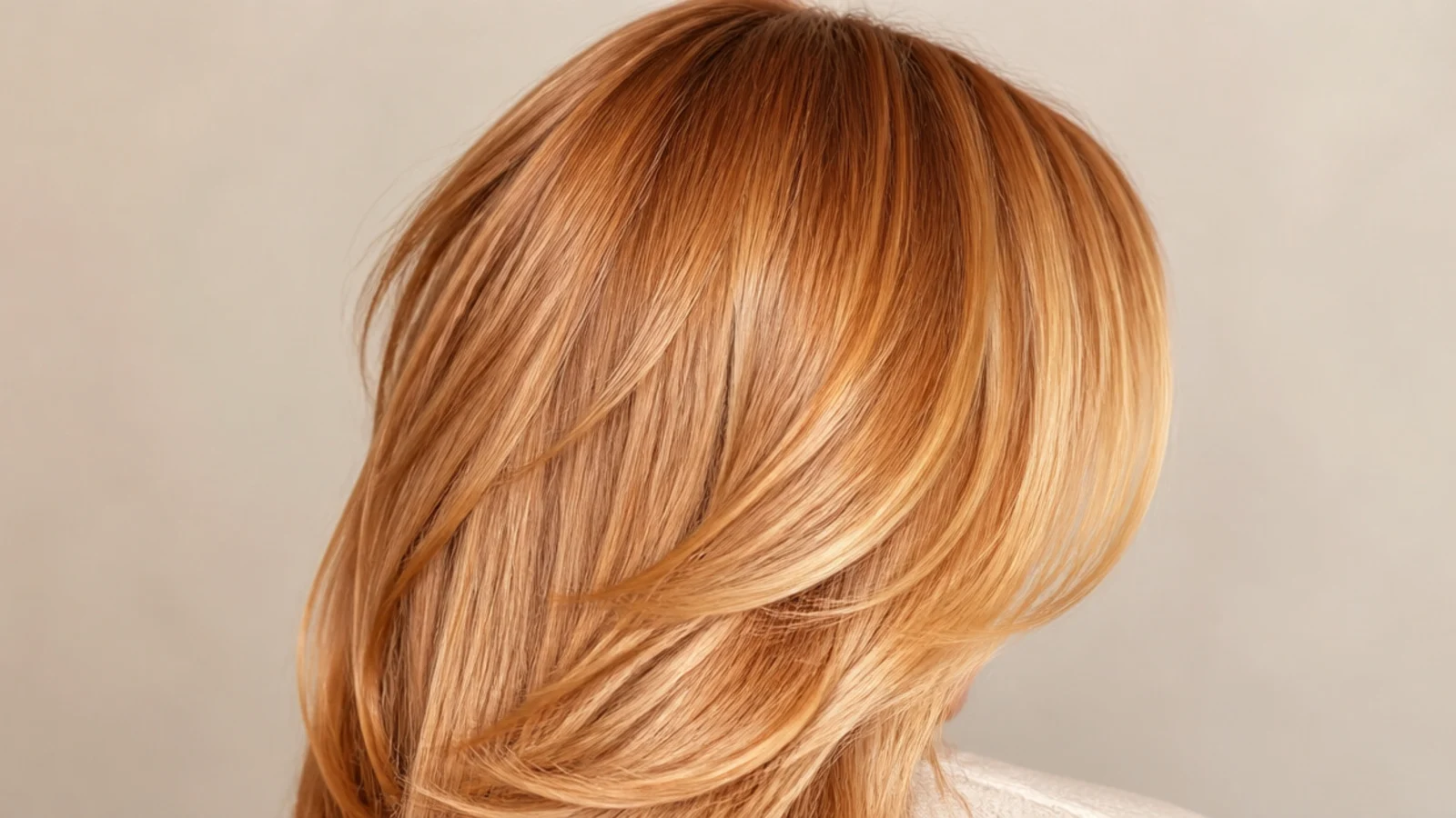 Bright copper toned hair with blonde showing through at the roots