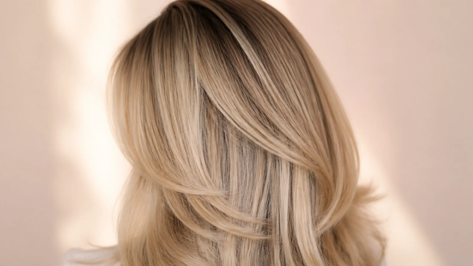 Several inches of natural root blurred softly into blonde lengths