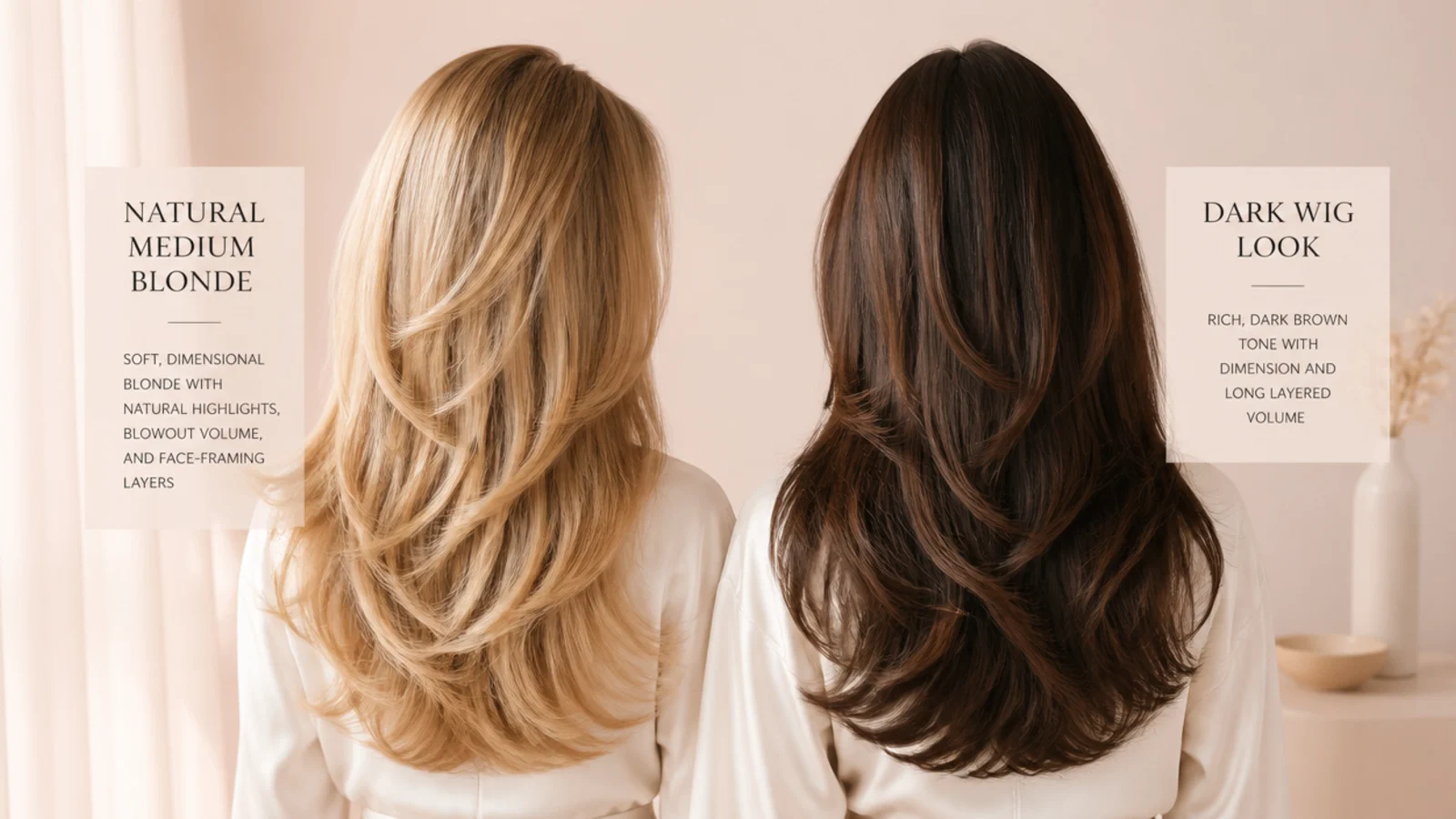 A blonde lace front wig on a stand beside a hand holding a section of uncoloured hair