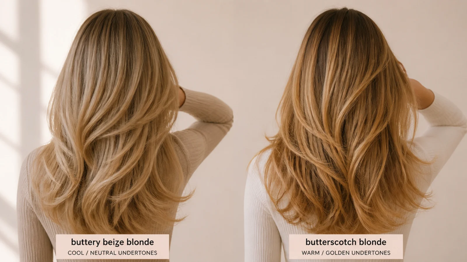 Two blonde swatches held against a forearm to compare warm and cool tones