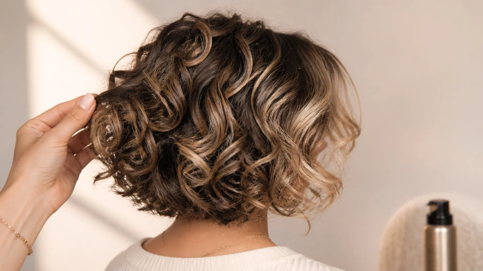 Tight curls in a warm honey shade photographed against a plain background