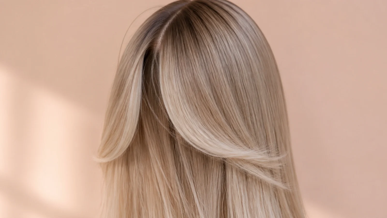 Perfectly straight blonde hair with a sharp centre parting