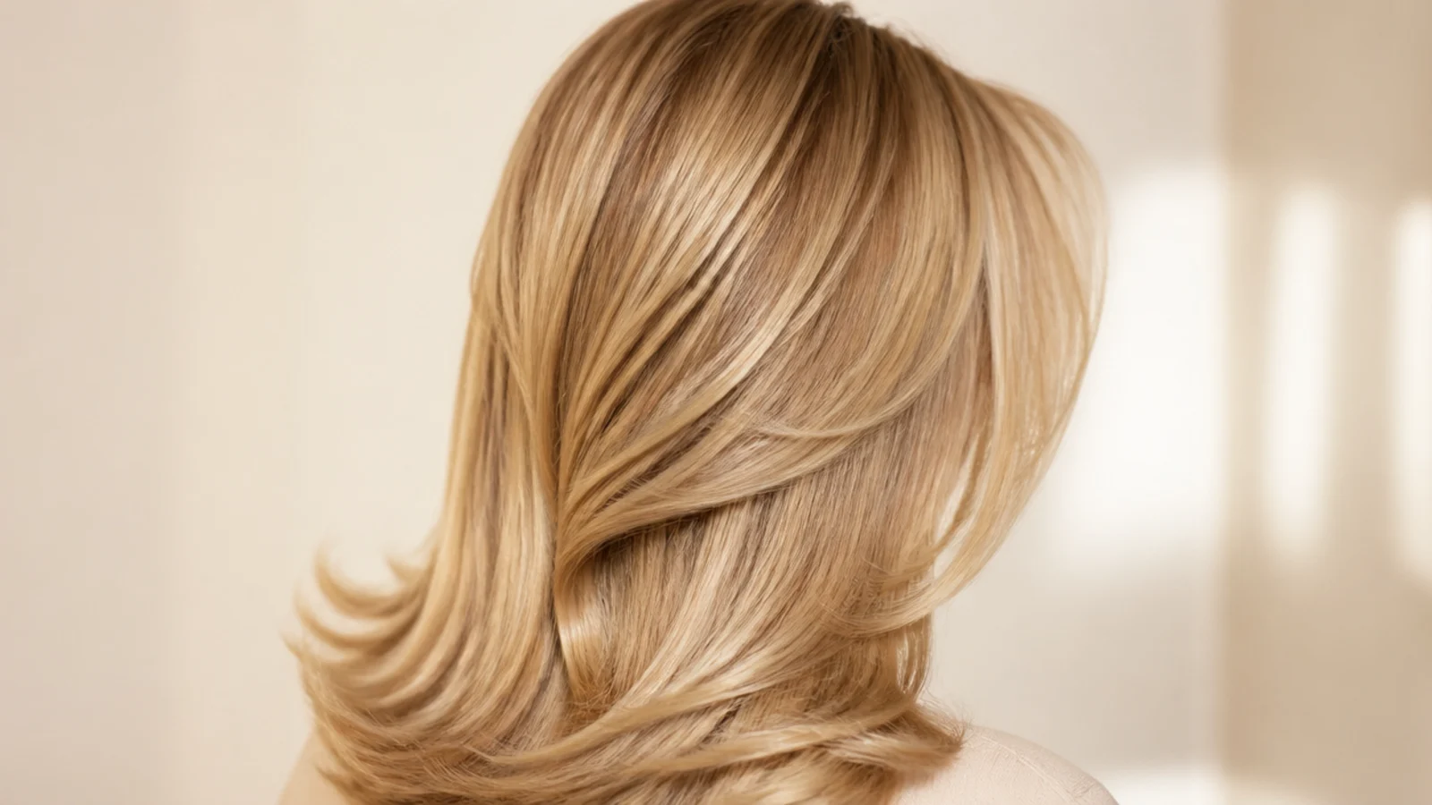 Fine blonde hair blown out with lift at the roots and ends turned under