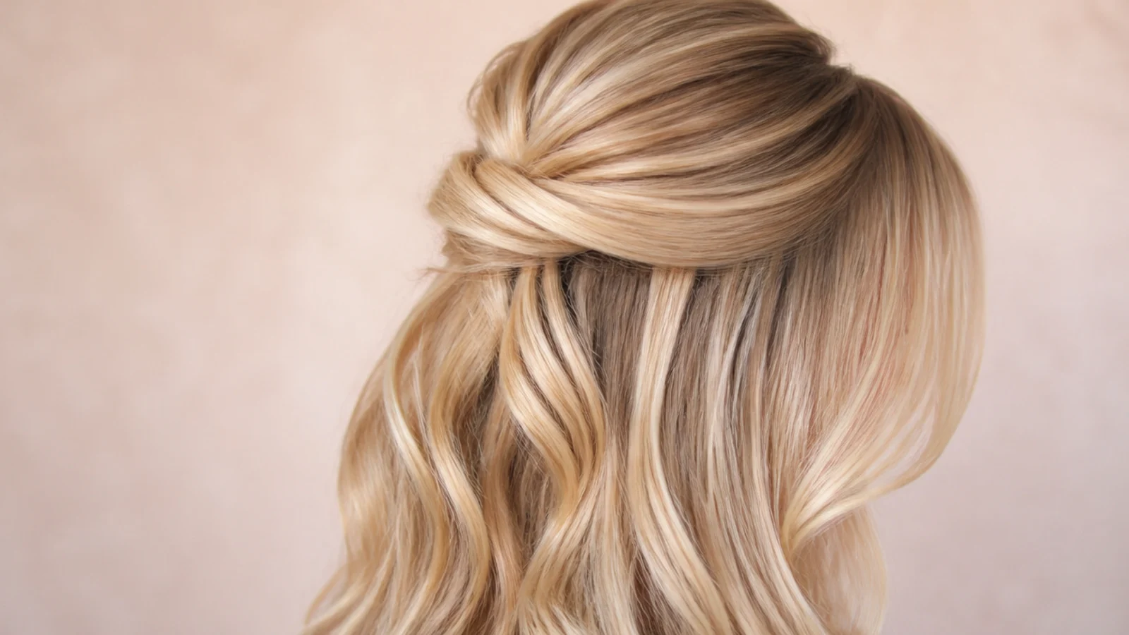 Hair pulled half up at the crown with the fringe left loose at the front
