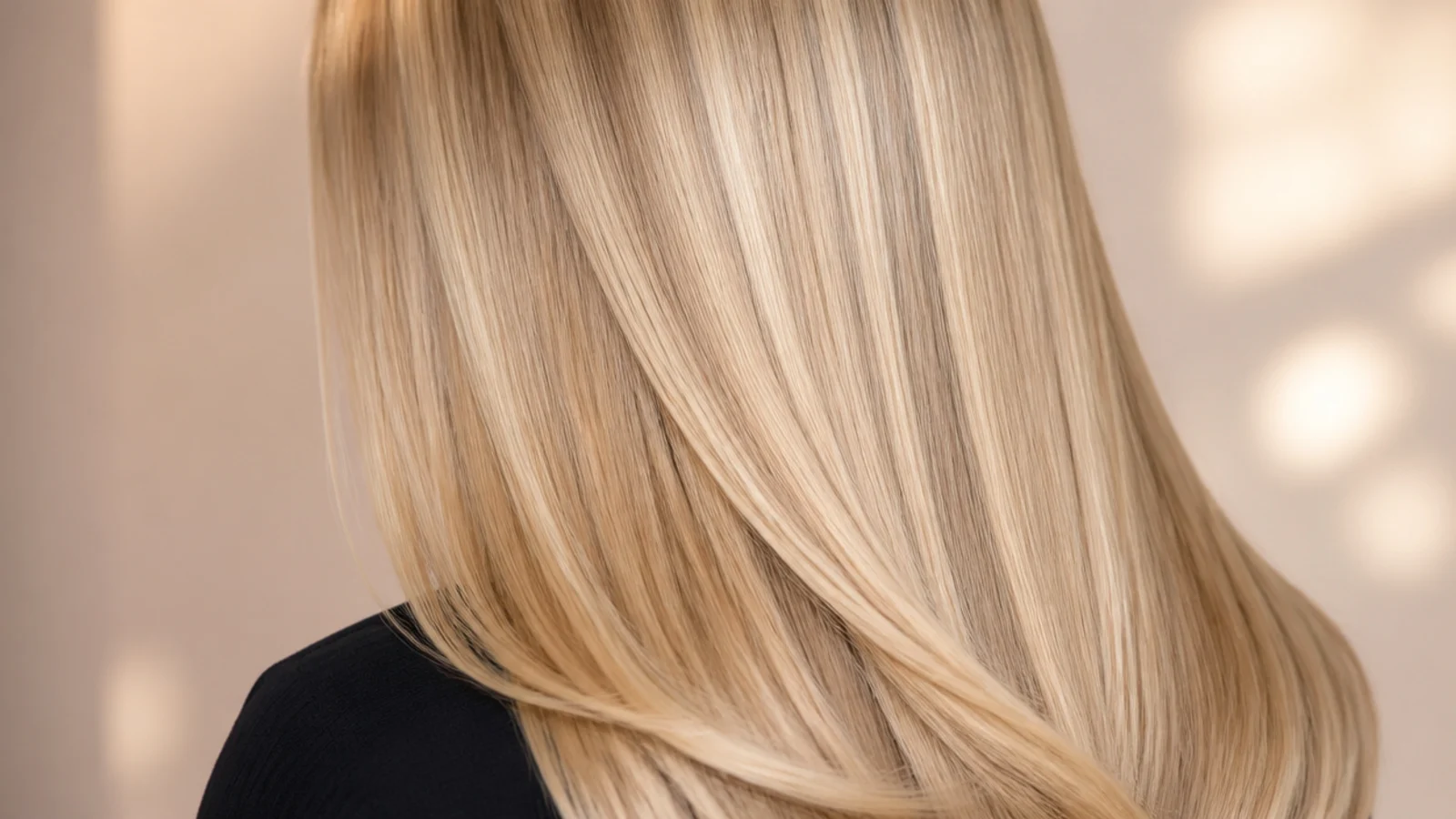 High shine blonde hair with a bright reflective band across the lengths