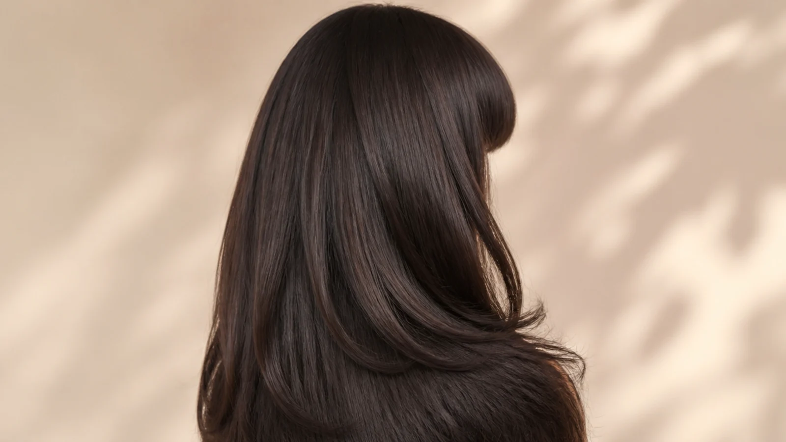 Deep brunette hair with a curtain fringe and high shine through the lengths