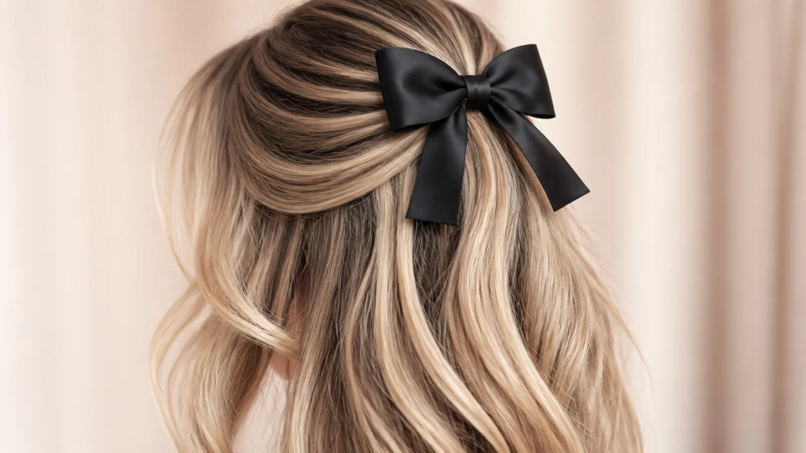 A half up section tied with a ribbon bow at the back of the crown