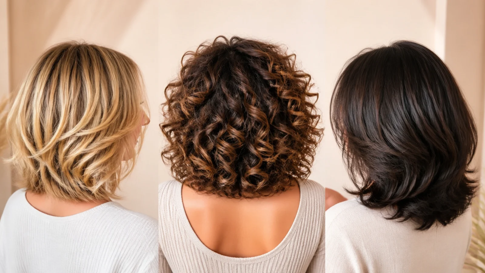 Dark curly hair at chin length with a soft dried fringe