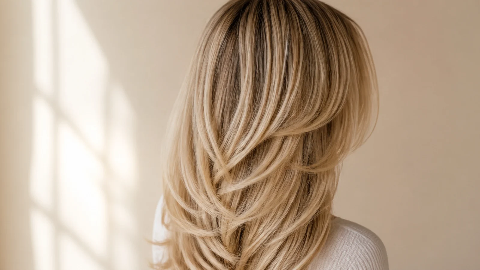 Long layers falling past the shoulders with a split fringe at the front