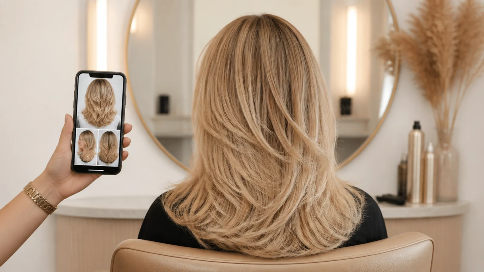 A phone showing reference photos held up beside a section of hair at the mirror