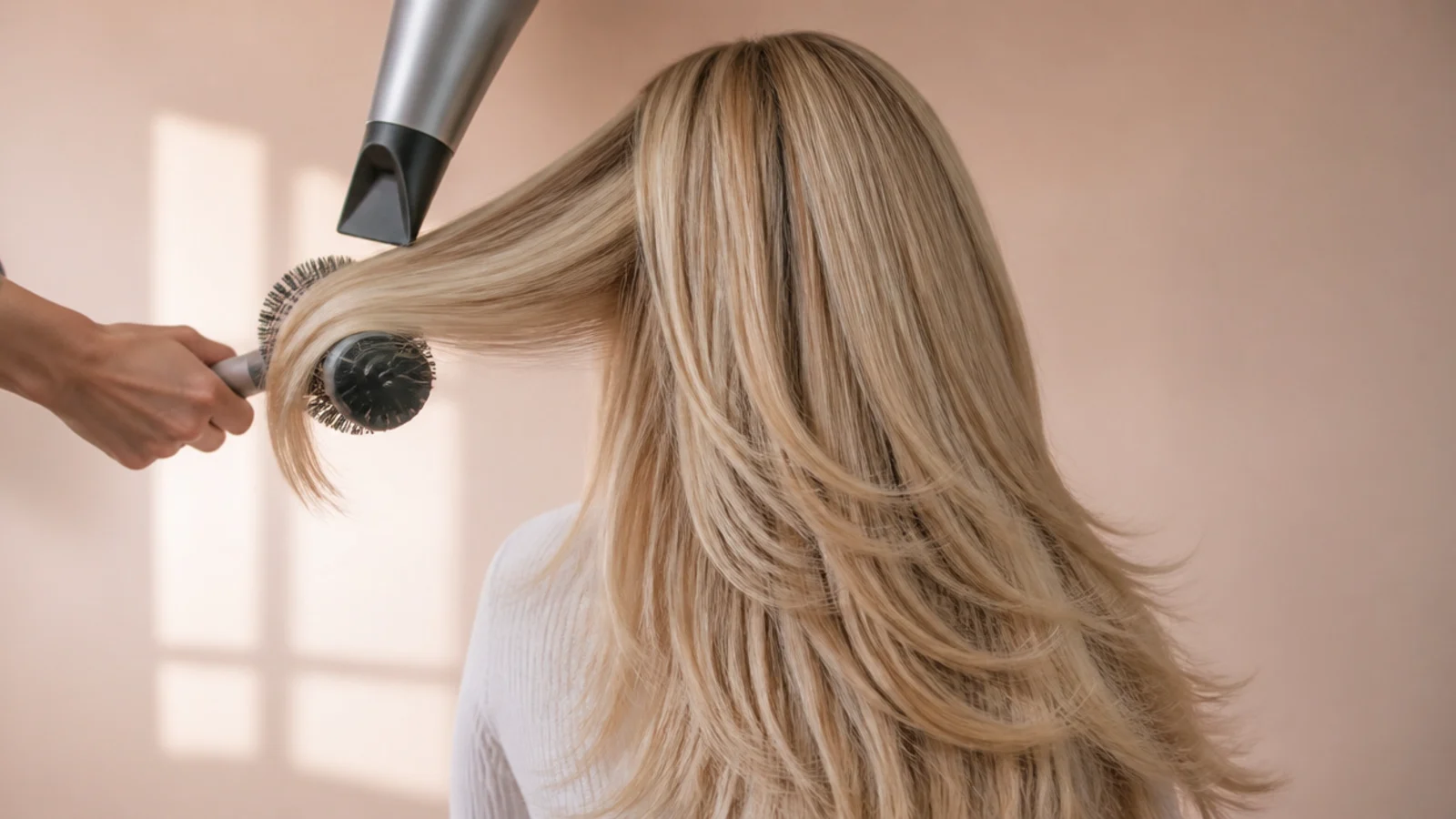A round brush turning the ends of a layered section under a dryer