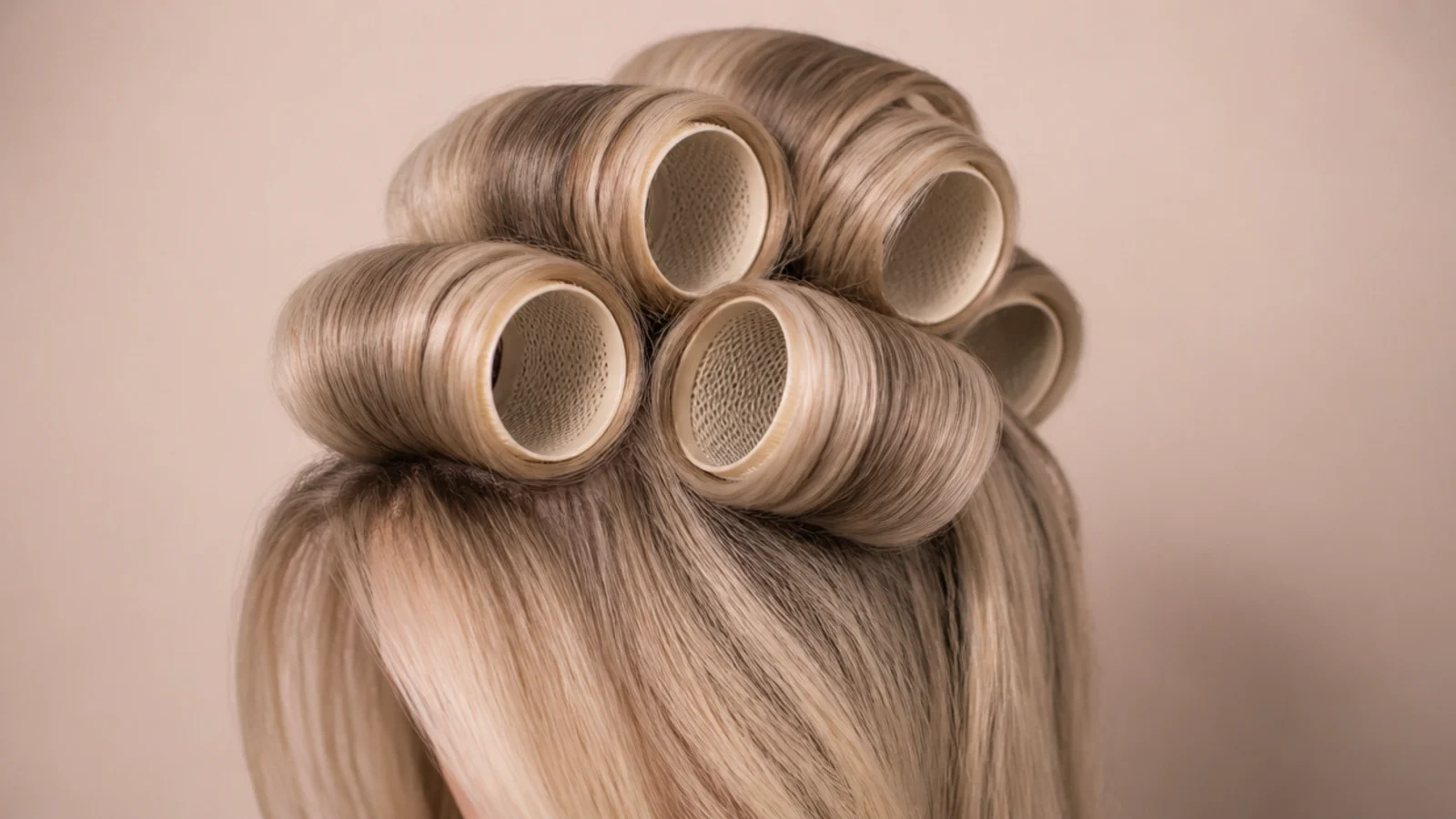 Velcro rollers set in rows across the crown of fine blonde hair