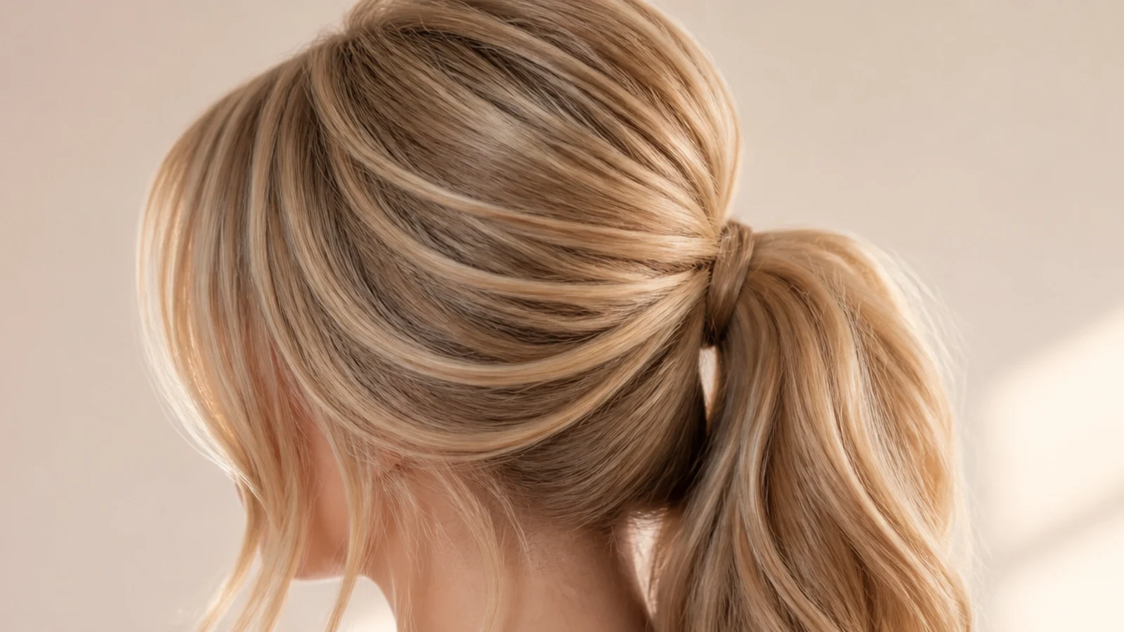 A low ponytail with soft pieces pulled loose at the temples