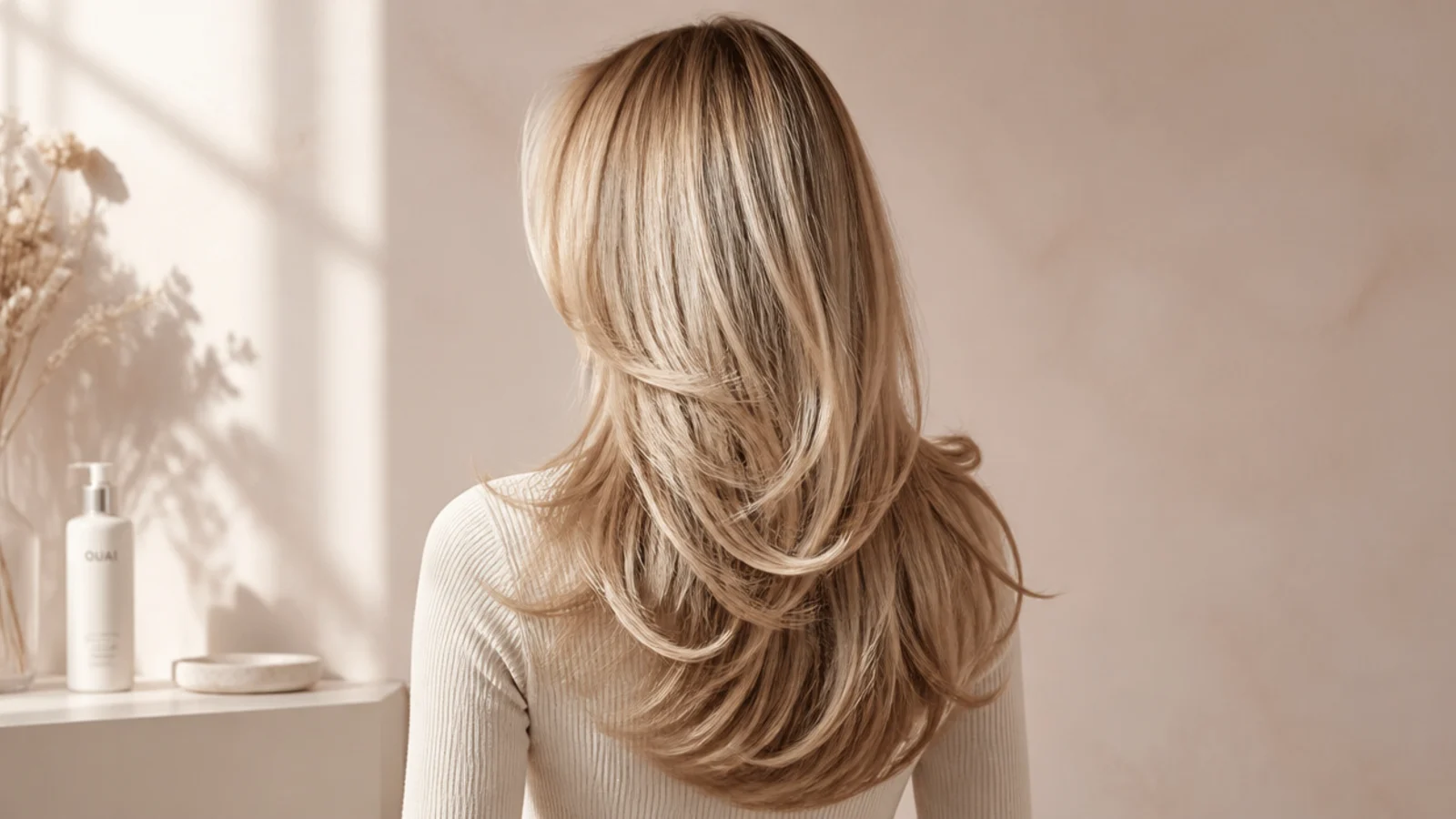 Finished blow dry photographed from the side showing crown lift and smooth lengths
