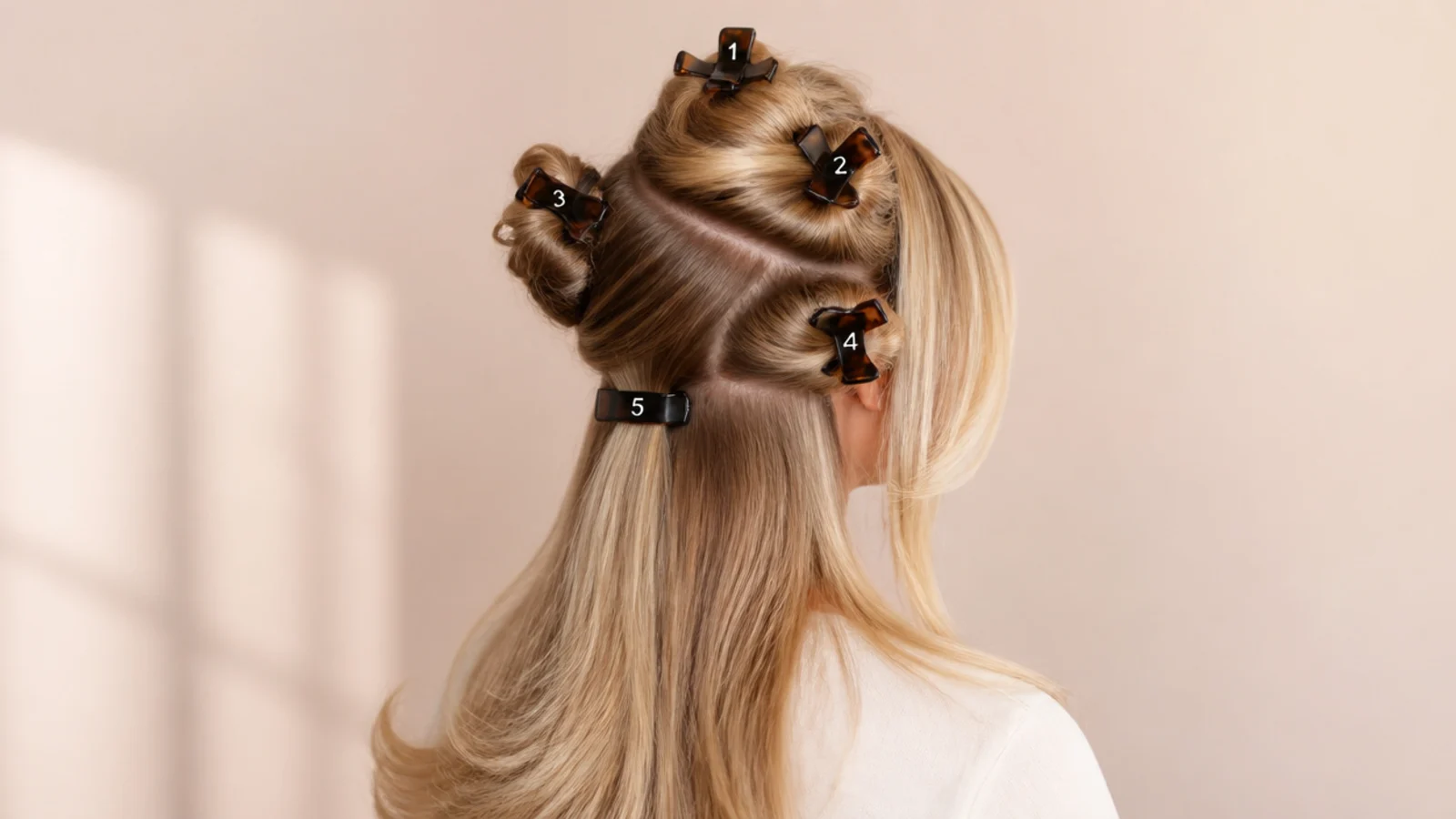 Damp hair clipped into four sections ready for drying