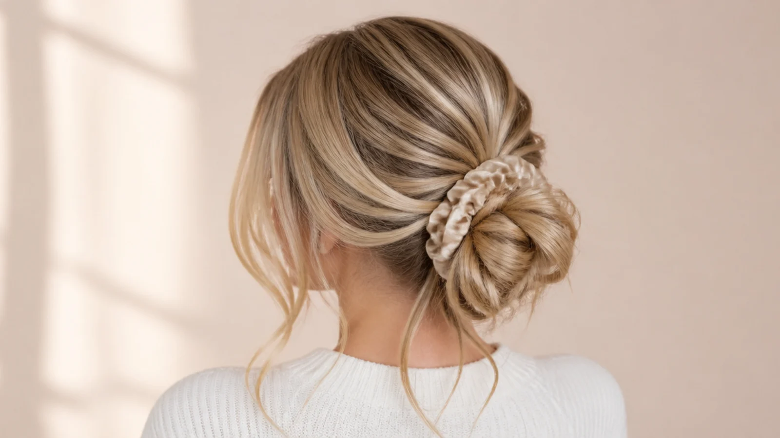 Hair gathered loosely on top of the head with a silk scrunchie before bed
