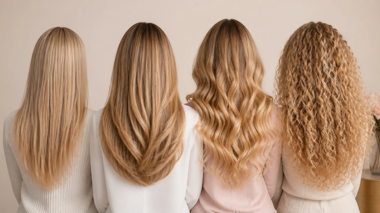 Four hair textures photographed side by side from fine straight to tight curl