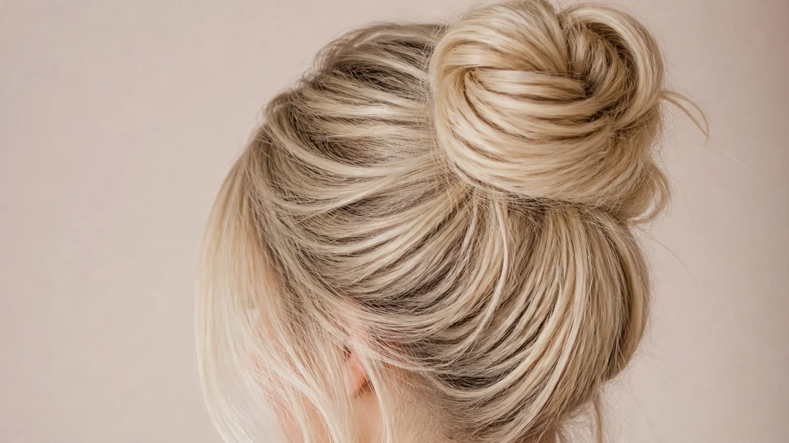 A neat high bun sitting at the crown with lift at the roots