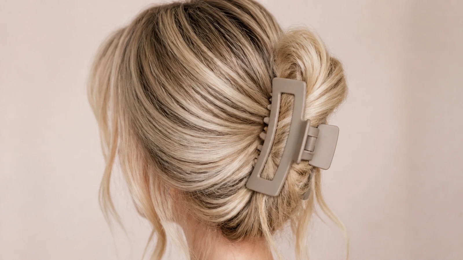 Hair twisted and folded into a large claw clip at the back of the head