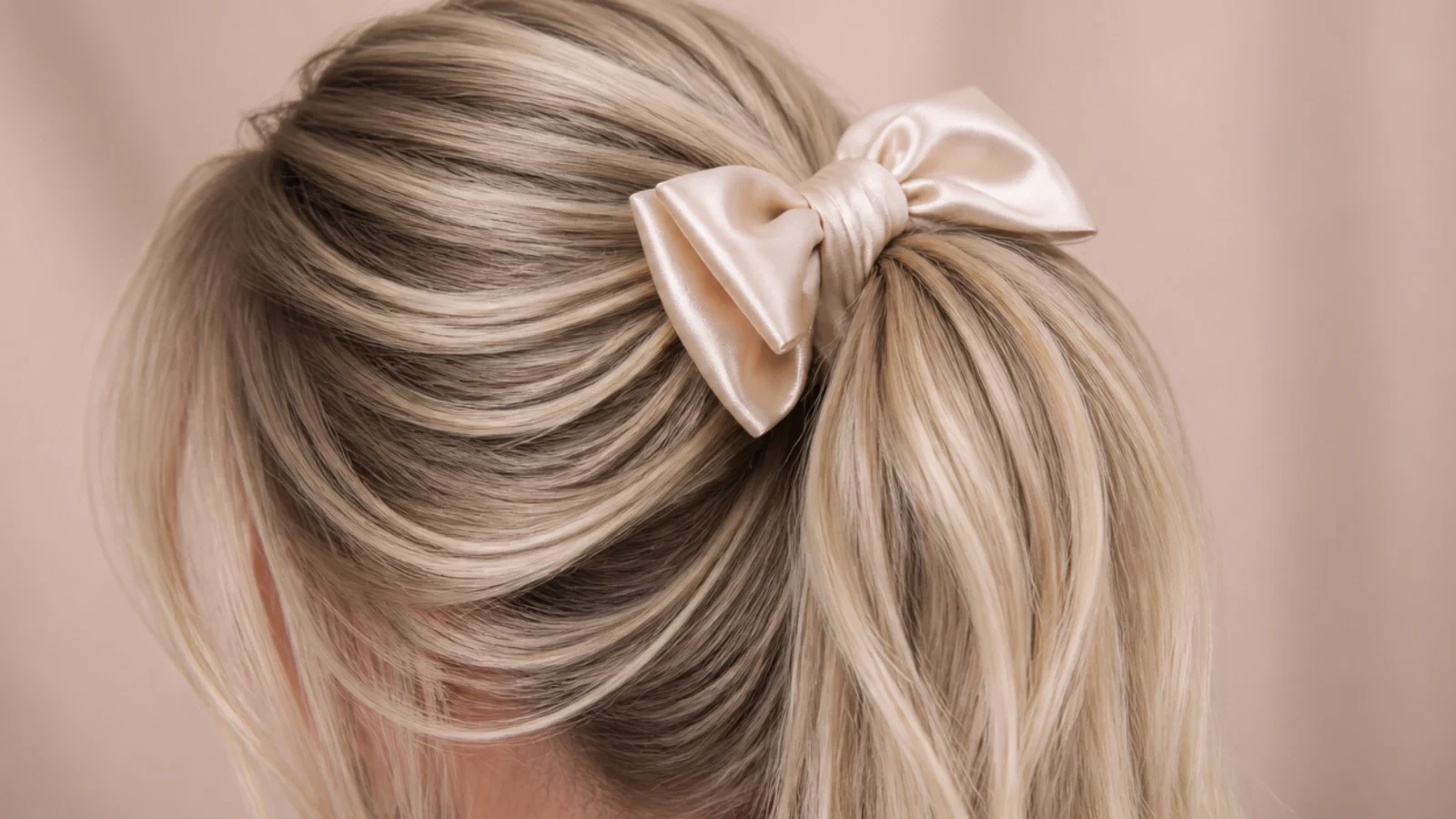 A ponytail finished with a ribbon bow tied over the elastic