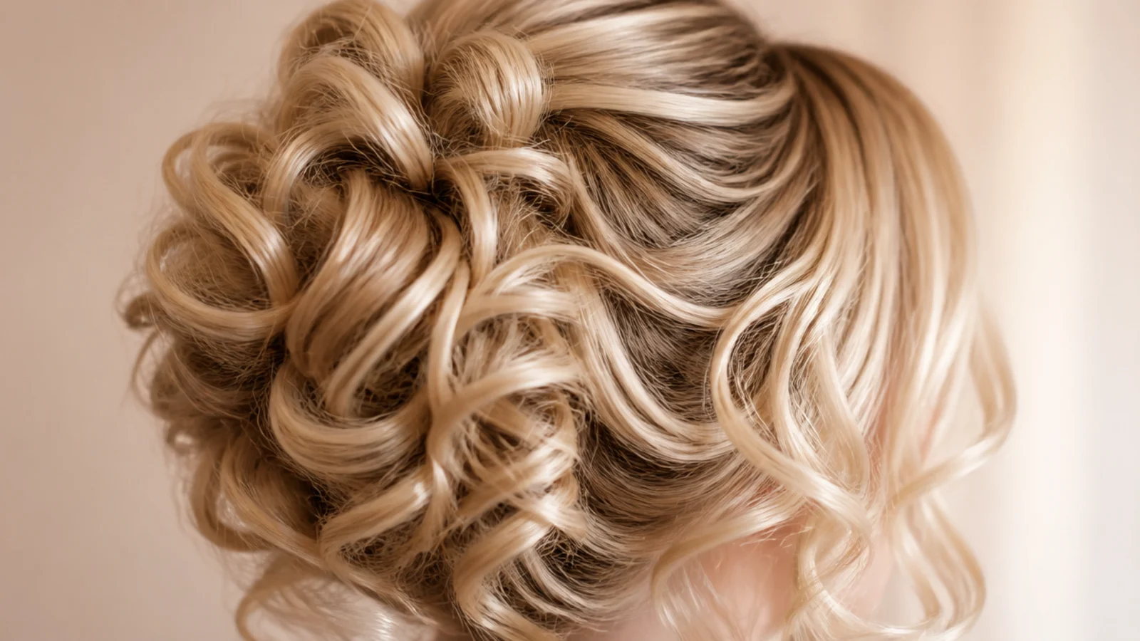 Defined curls gathered loosely and pinned at the back of the head