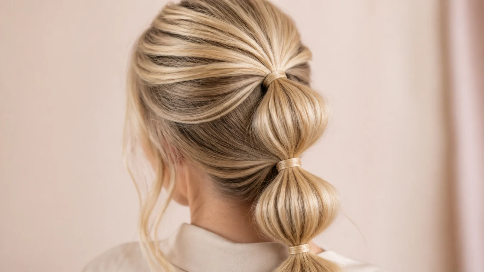 A ponytail divided into even bubbles by spaced elastics