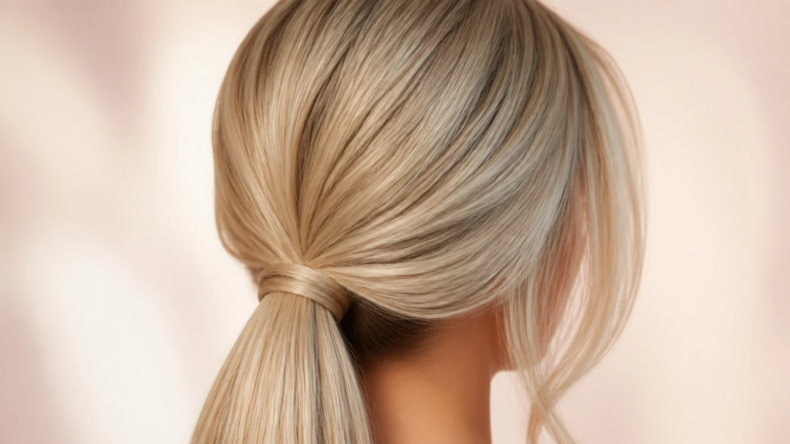 A smooth low ponytail with two loose pieces at the temples