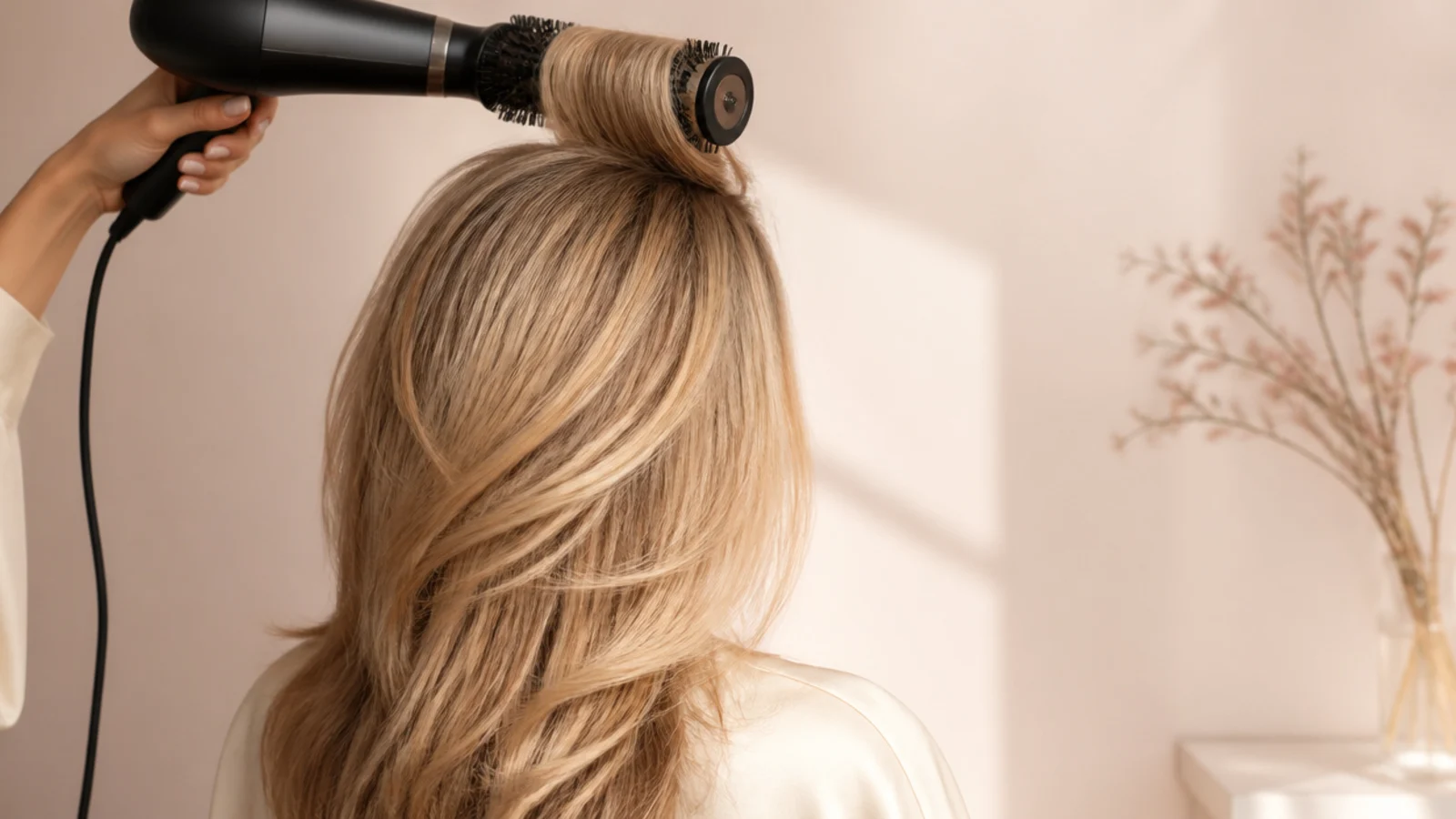 A round brush drying the crown section forward over the face