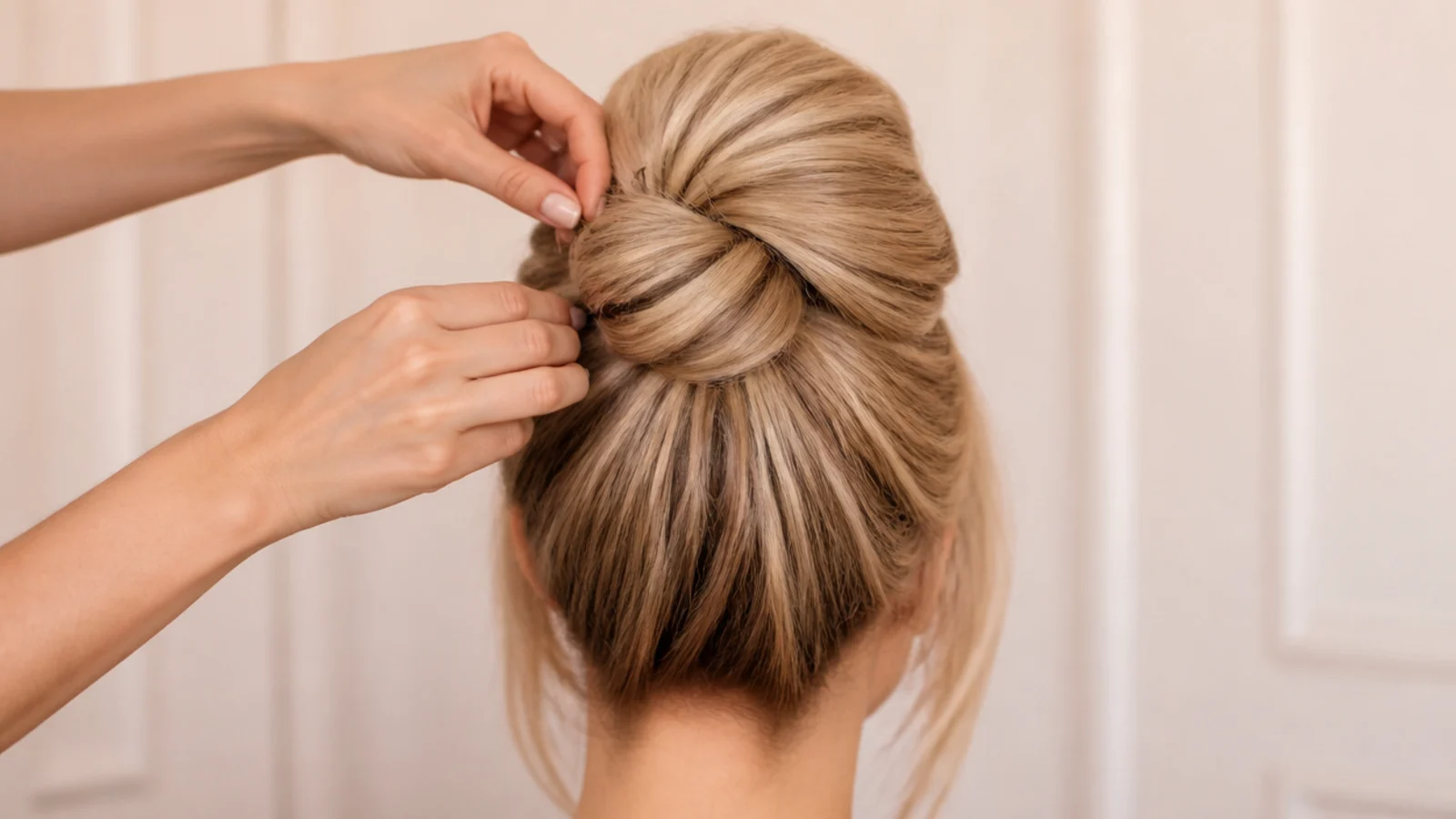 A bobby pin being pushed into the base of a bun towards the anchor