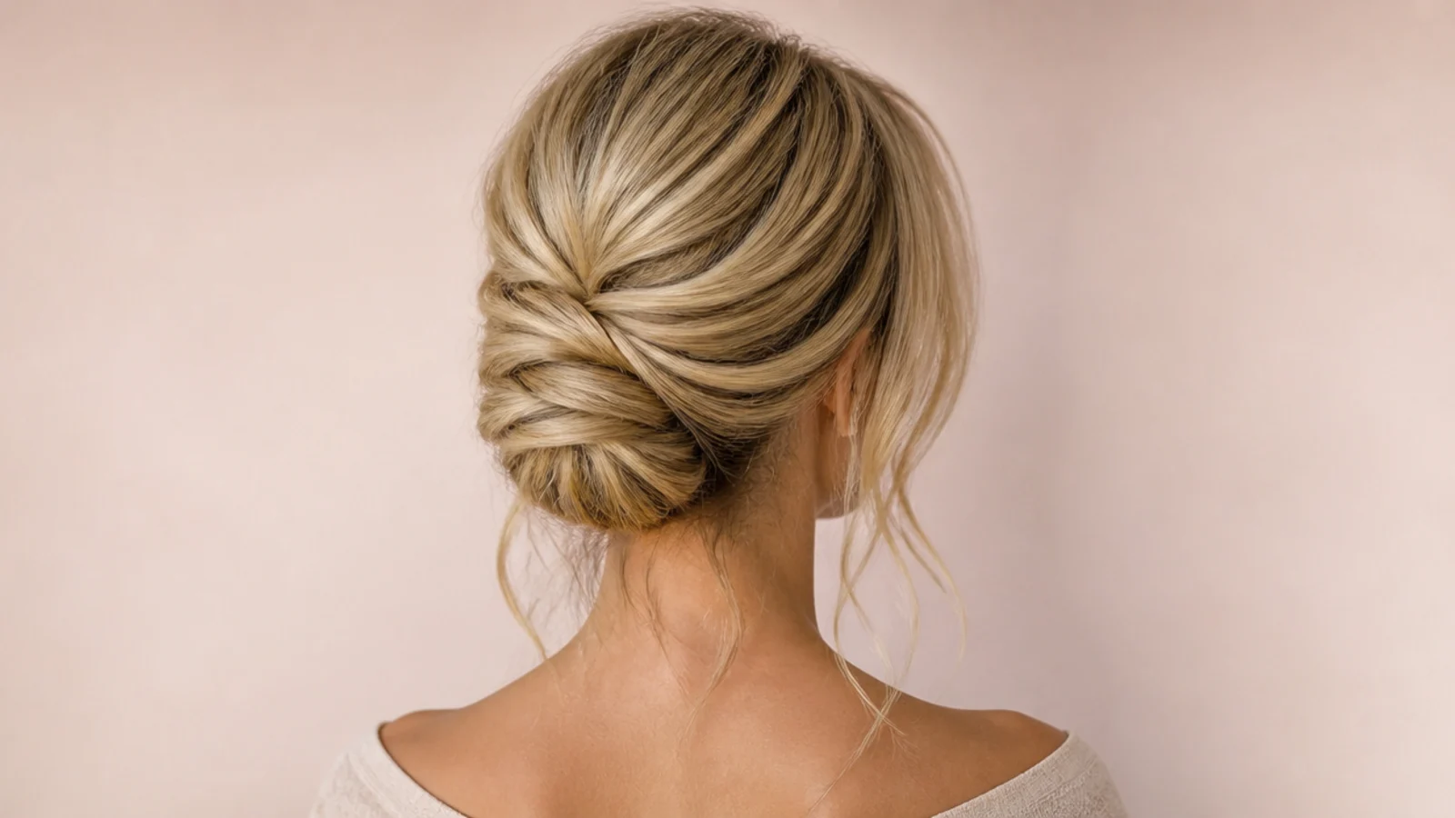 A brush sprayed with hairspray being swept over the surface of an updo
