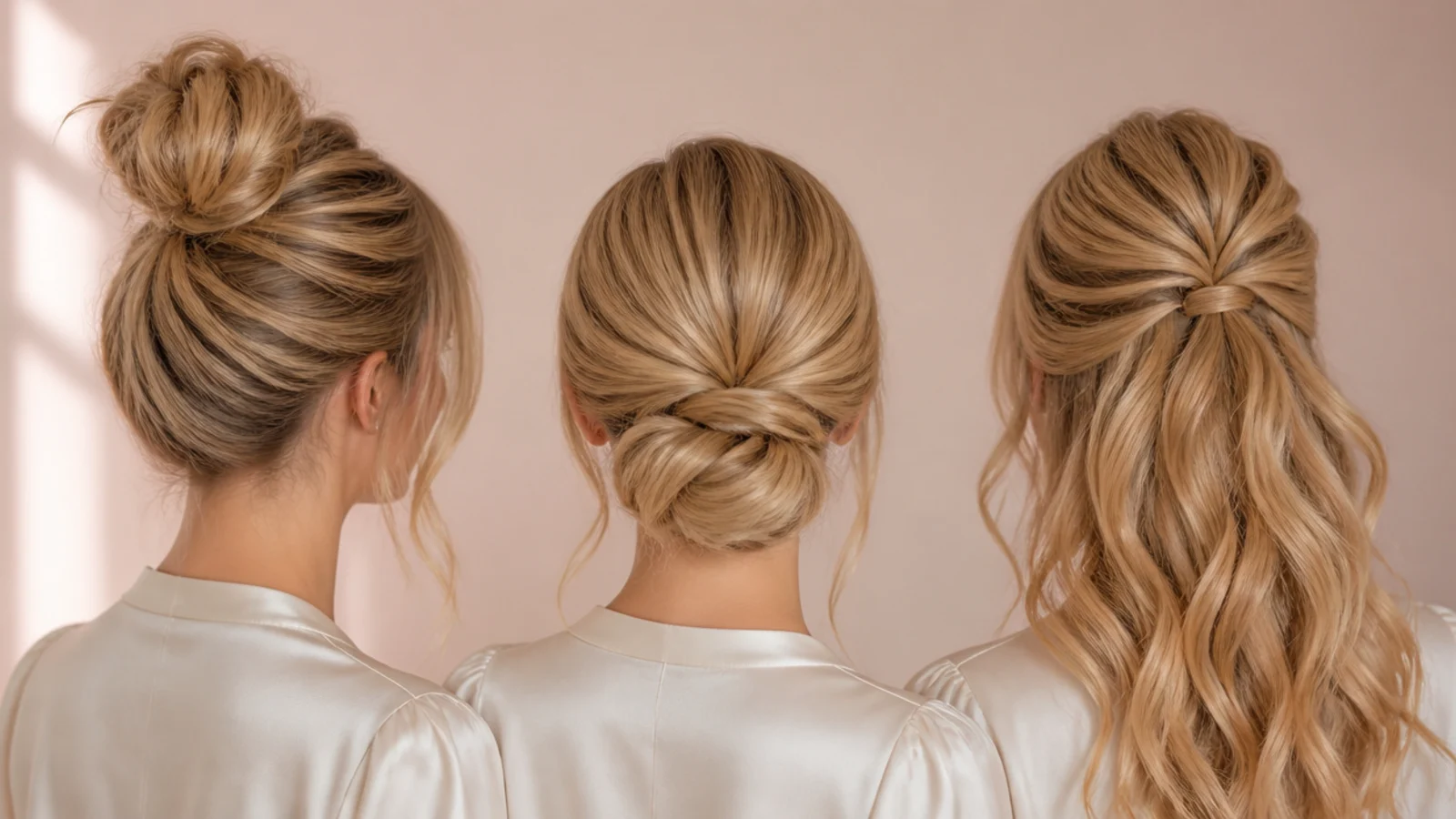 Three finished updos photographed side by side at different heights