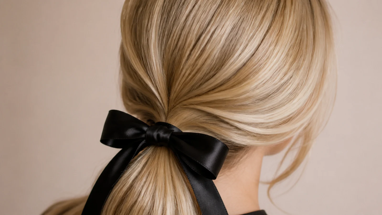 A ponytail tied with a large fabric bow at the crown