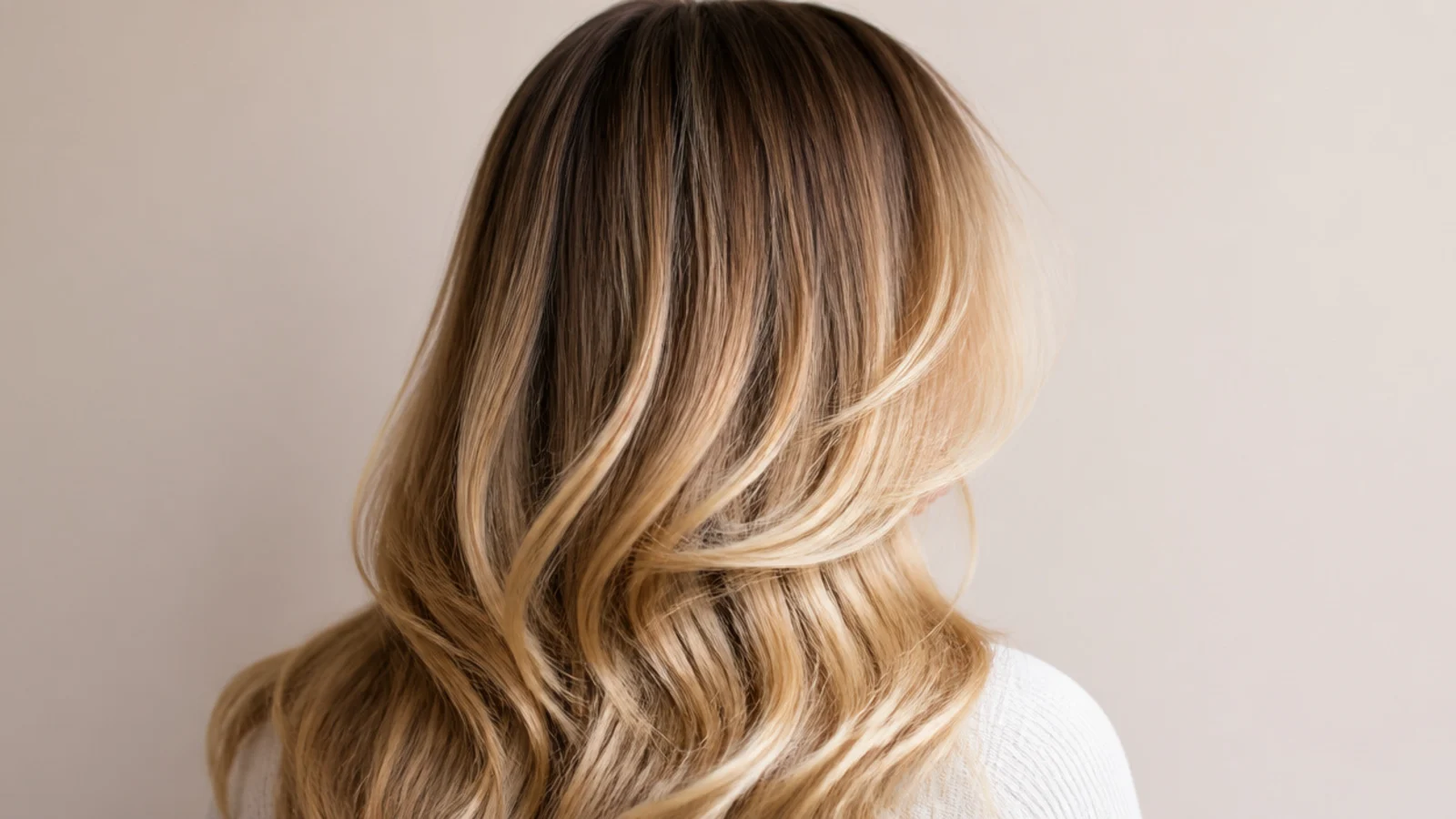 Light brown roots blending into blonder mid lengths and ends